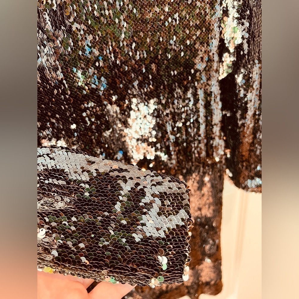 NAEEM KHAN Silver Black Sequin Sheath Open Back Dress - Picture 10 of 16